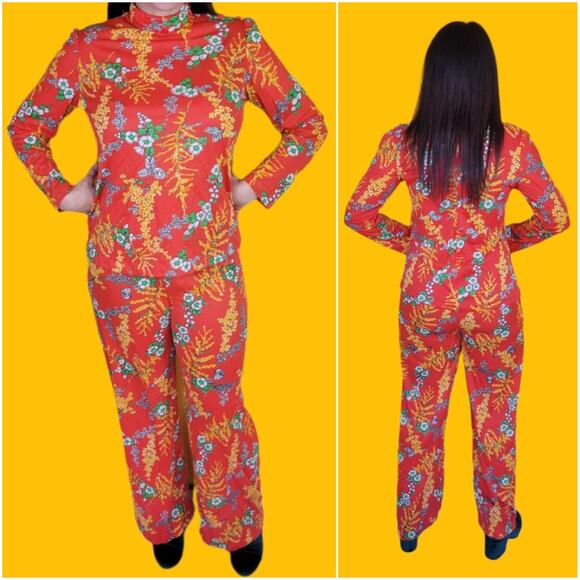 Vintage 70s JCPenney Red Floral Loungewear Set, M - Picture 3 of 5